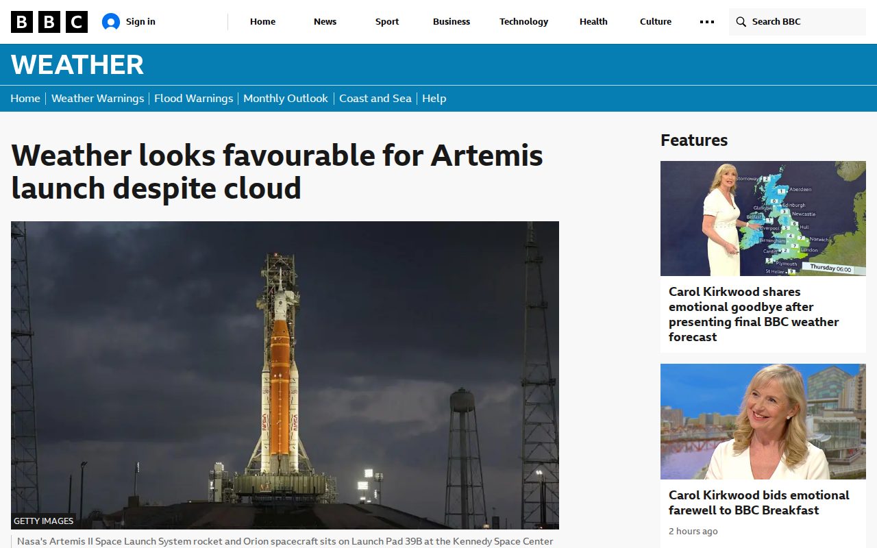 Artemis II: How the weather will be a crucial factor in the launch - BBC Weather - 保存されたスクリーンショット