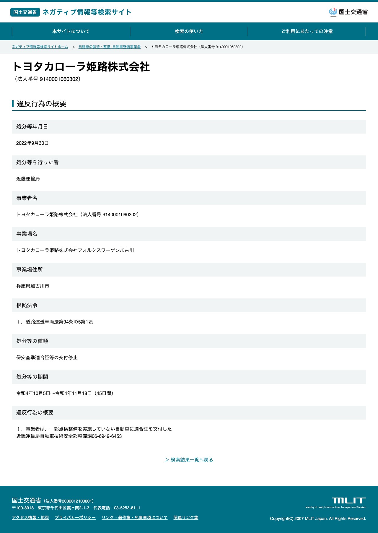 トヨタカローラ姫路株式会社(法人番号 9140001060302) - 国土交通省 ネガティブ情報等検索サイト - 保存されたスクリーンショット