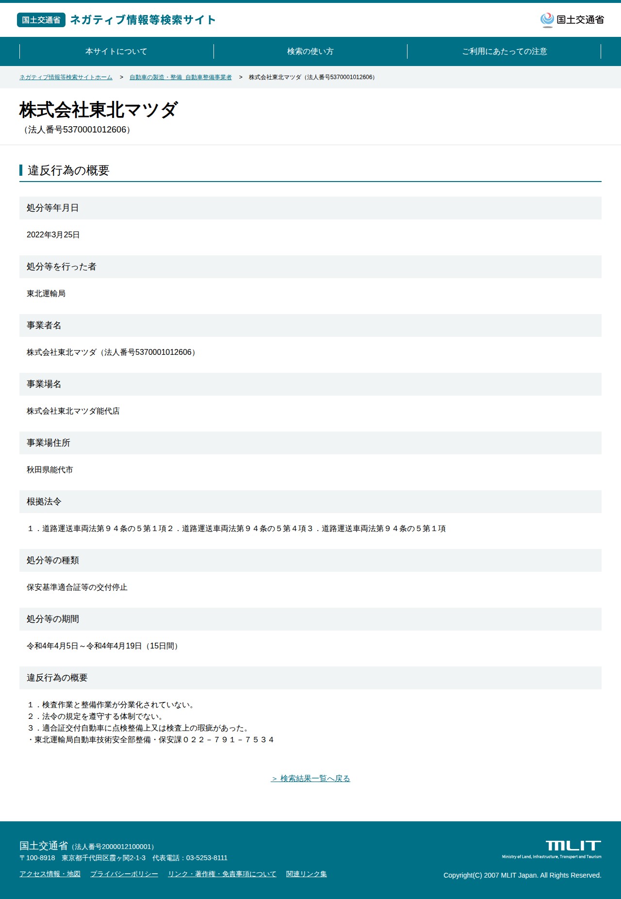 株式会社東北マツダ(法人番号5370001012606) - 国土交通省 ネガティブ情報等検索サイト - 保存されたスクリーンショット