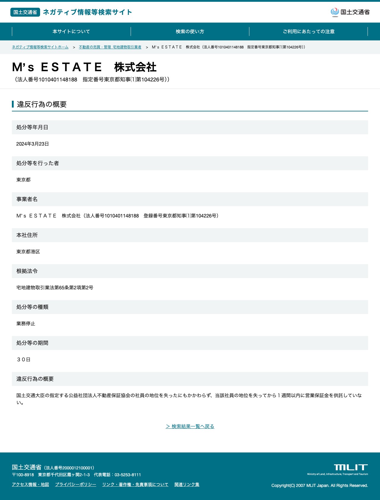M’s ESTATE 株式会社(法人番号1010401148188 指定番号東京都知事⑴第104226号)) - 国土交通省 ネガティブ情報等検索サイト - 保存されたスクリーンショット
