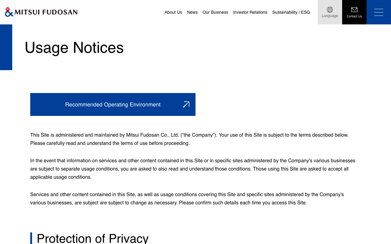 Mitsui Fudosan | Usage Notices - Saved screenshot