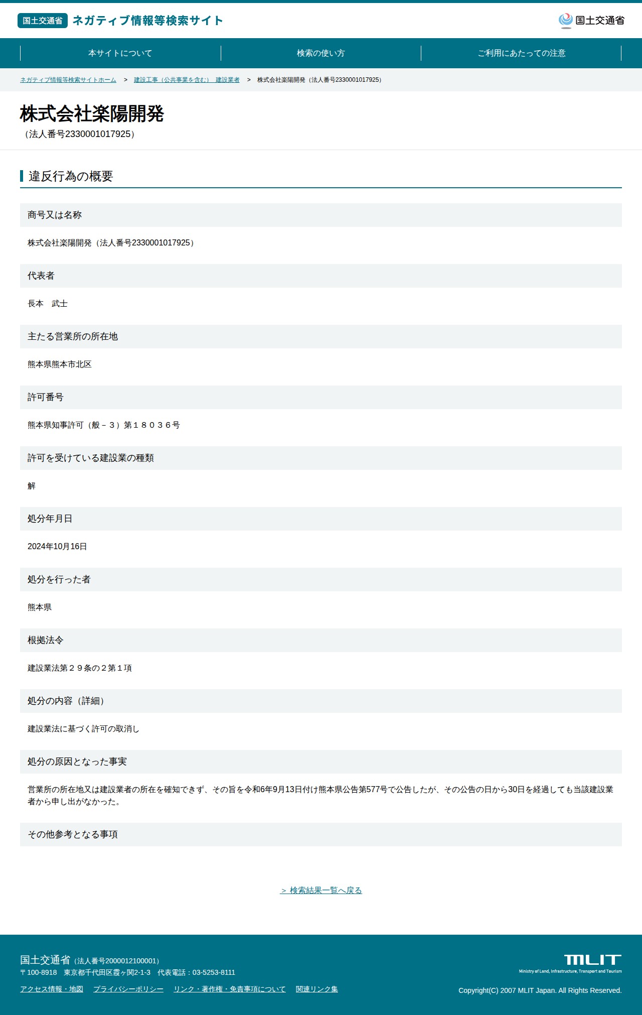 株式会社楽陽開発(法人番号2330001017925) - 国土交通省 ネガティブ情報等検索サイト - 保存されたスクリーンショット