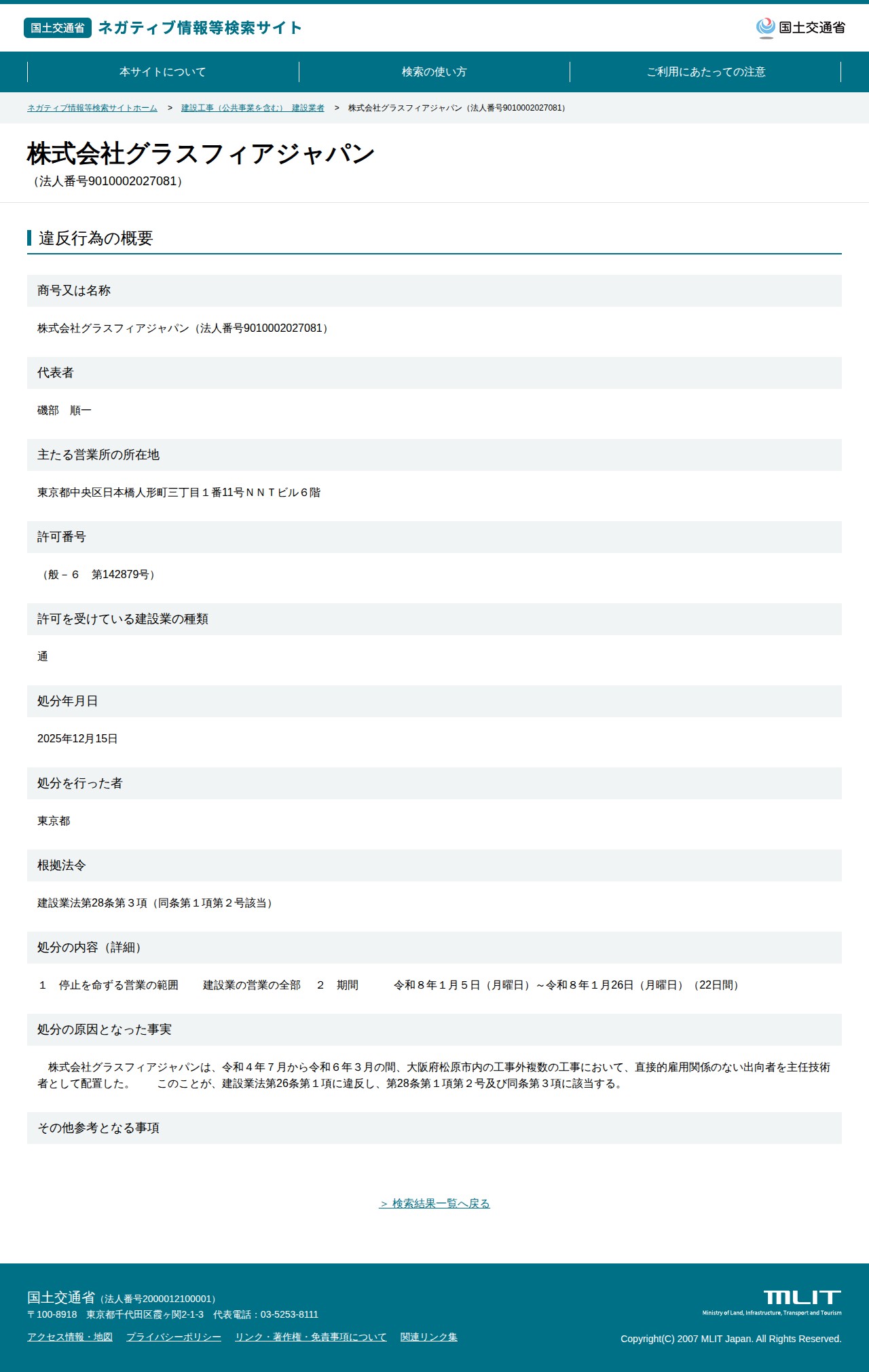 株式会社グラスフィアジャパン(法人番号9010002027081) - 国土交通省 ネガティブ情報等検索サイト - 保存されたスクリーンショット