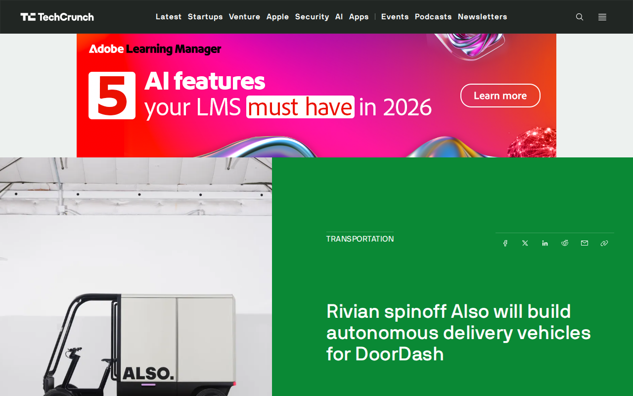 Rivian spinoff Also will build autonomous delivery vehicles for DoorDash | TechCrunch - Saved screenshot