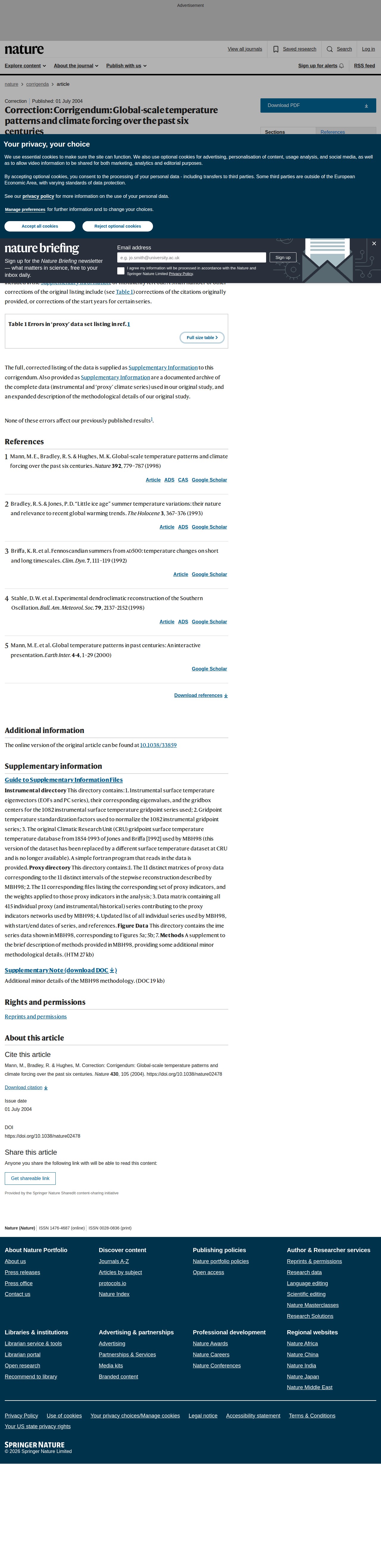 Correction: Corrigendum: Global-scale temperature patterns and climate forcing over the past six centuries | Nature - 保存されたスクリーンショット