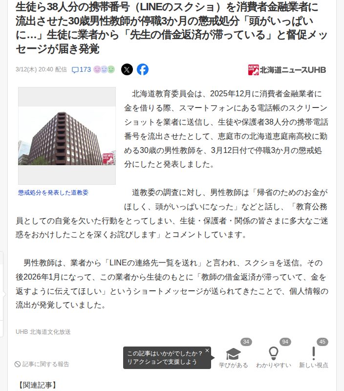 生徒ら38人分の携帯番号(LINEのスクショ)を消費者金融業者に流出させた30歳男性教師が停職3か月の懲戒処分「頭がいっぱいに…」生徒に業者から「先生の借金返済が滞っている」と督促メッセージが届き発覚(北海道ニュースUHB) - Yahoo!ニュース - 保存されたスクリーンショット