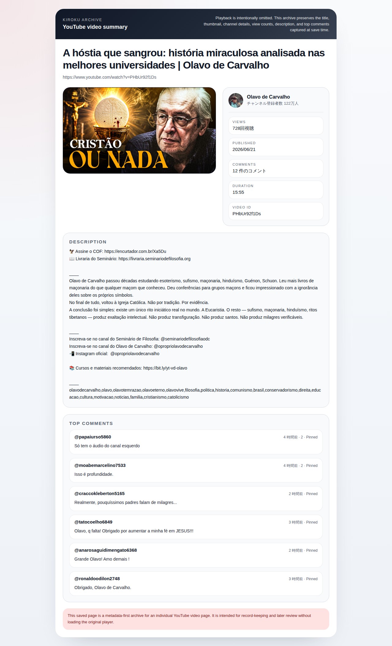 A hóstia que sangrou: história miraculosa analisada nas melhores universidades | Olavo de Carvalho - 保存されたスクリーンショット