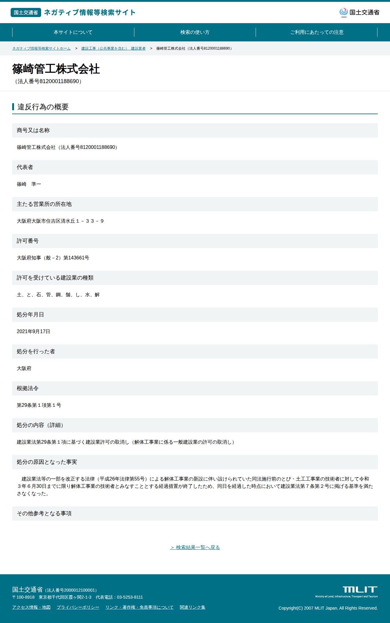 篠崎管工株式会社(法人番号8120001188690) - 国土交通省 ネガティブ情報等検索サイト - 保存されたスクリーンショット