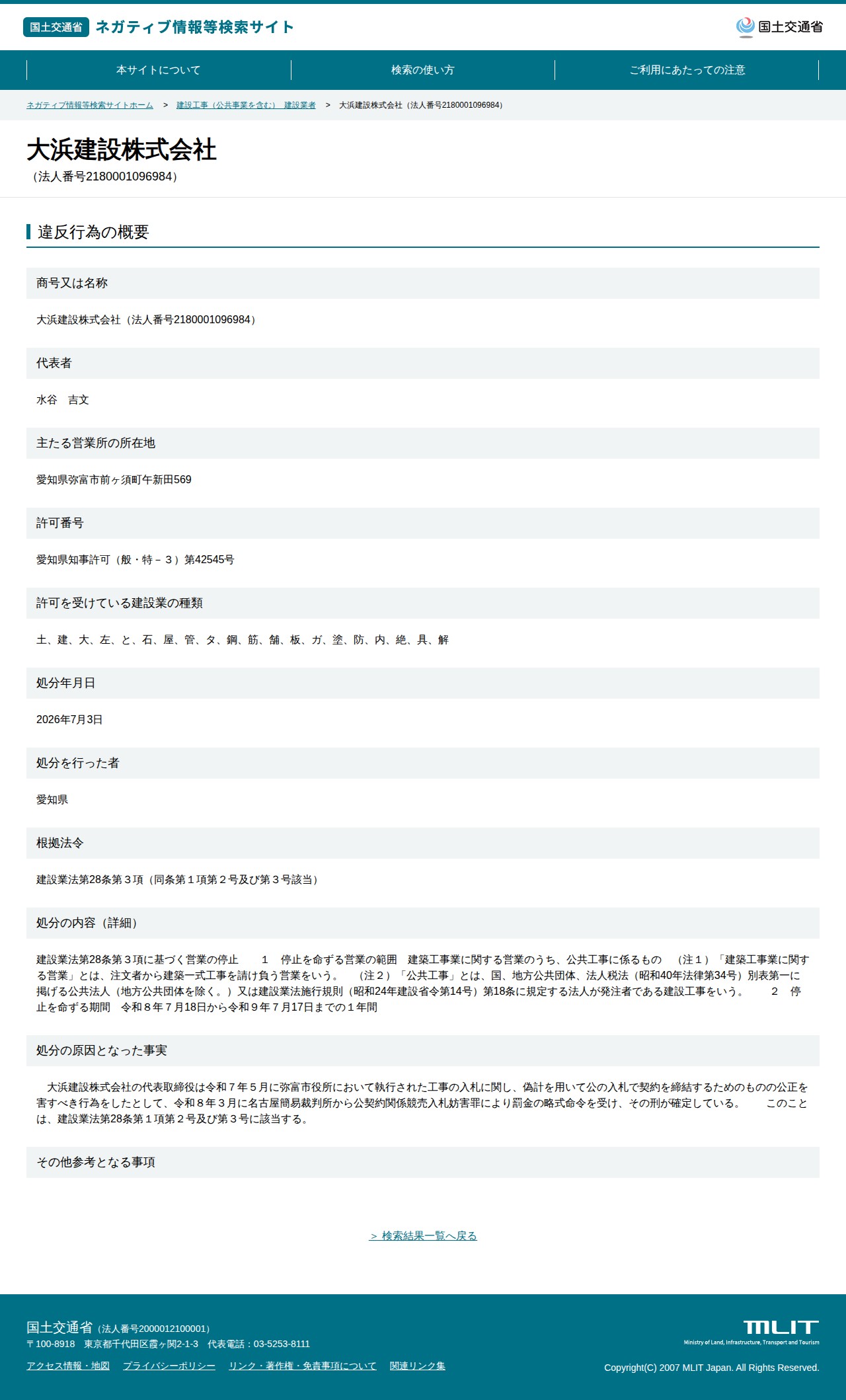 大浜建設株式会社(法人番号2180001096984) - 国土交通省 ネガティブ情報等検索サイト - 保存されたスクリーンショット