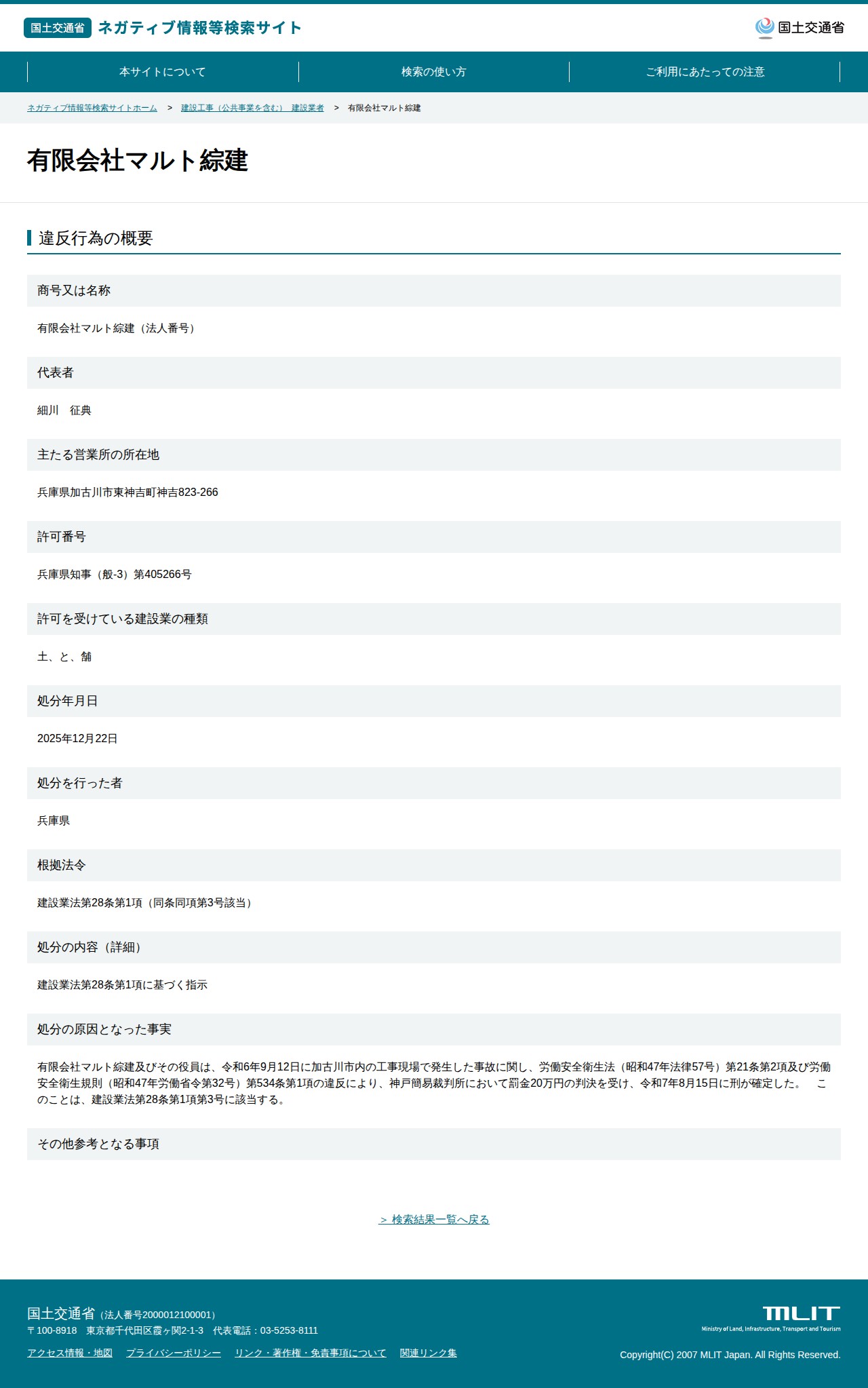 有限会社マルト綜建 - 国土交通省 ネガティブ情報等検索サイト - 保存されたスクリーンショット