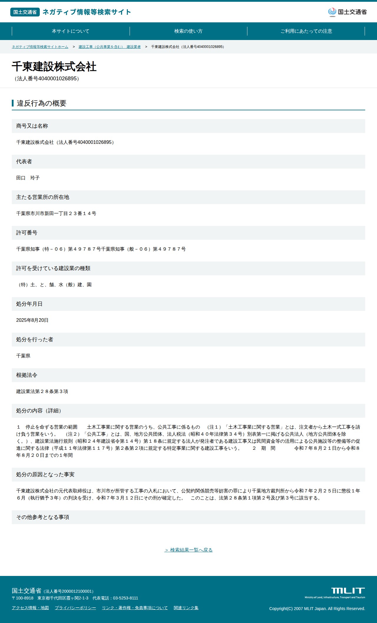 千東建設株式会社(法人番号4040001026895) - 国土交通省 ネガティブ情報等検索サイト - 保存されたスクリーンショット