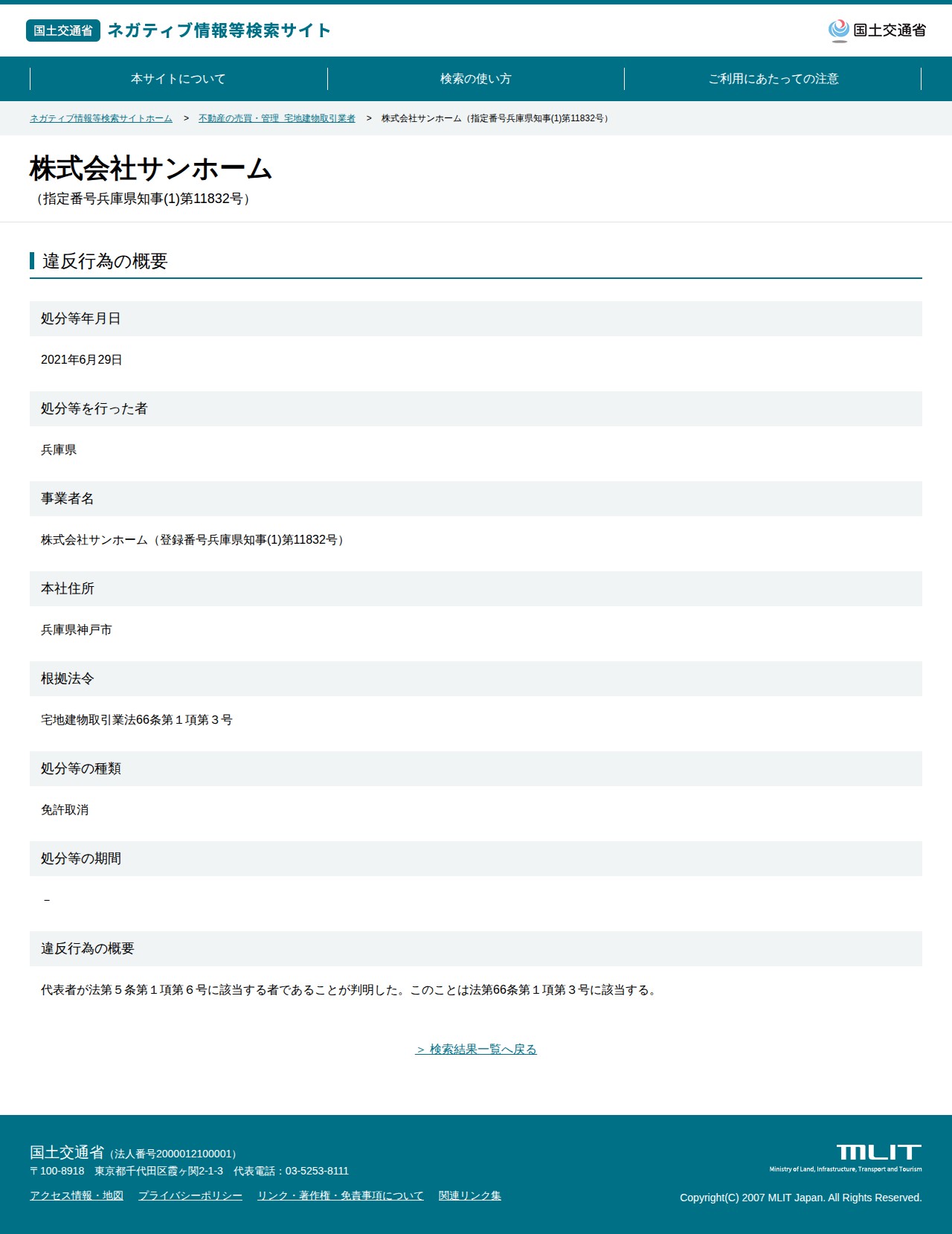 株式会社サンホーム(指定番号兵庫県知事(1)第11832号) - 国土交通省 ネガティブ情報等検索サイト - 保存されたスクリーンショット