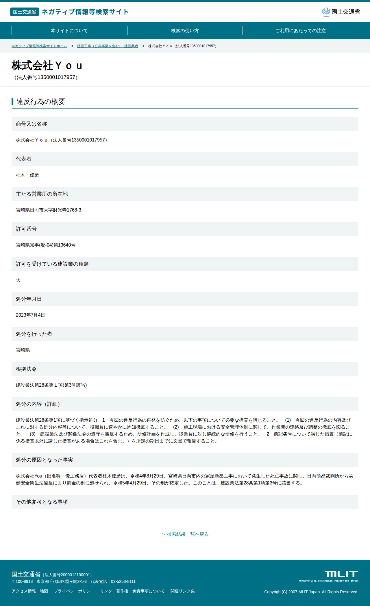 株式会社You(法人番号1350001017957) - 国土交通省 ネガティブ情報等検索サイト - 保存されたスクリーンショット
