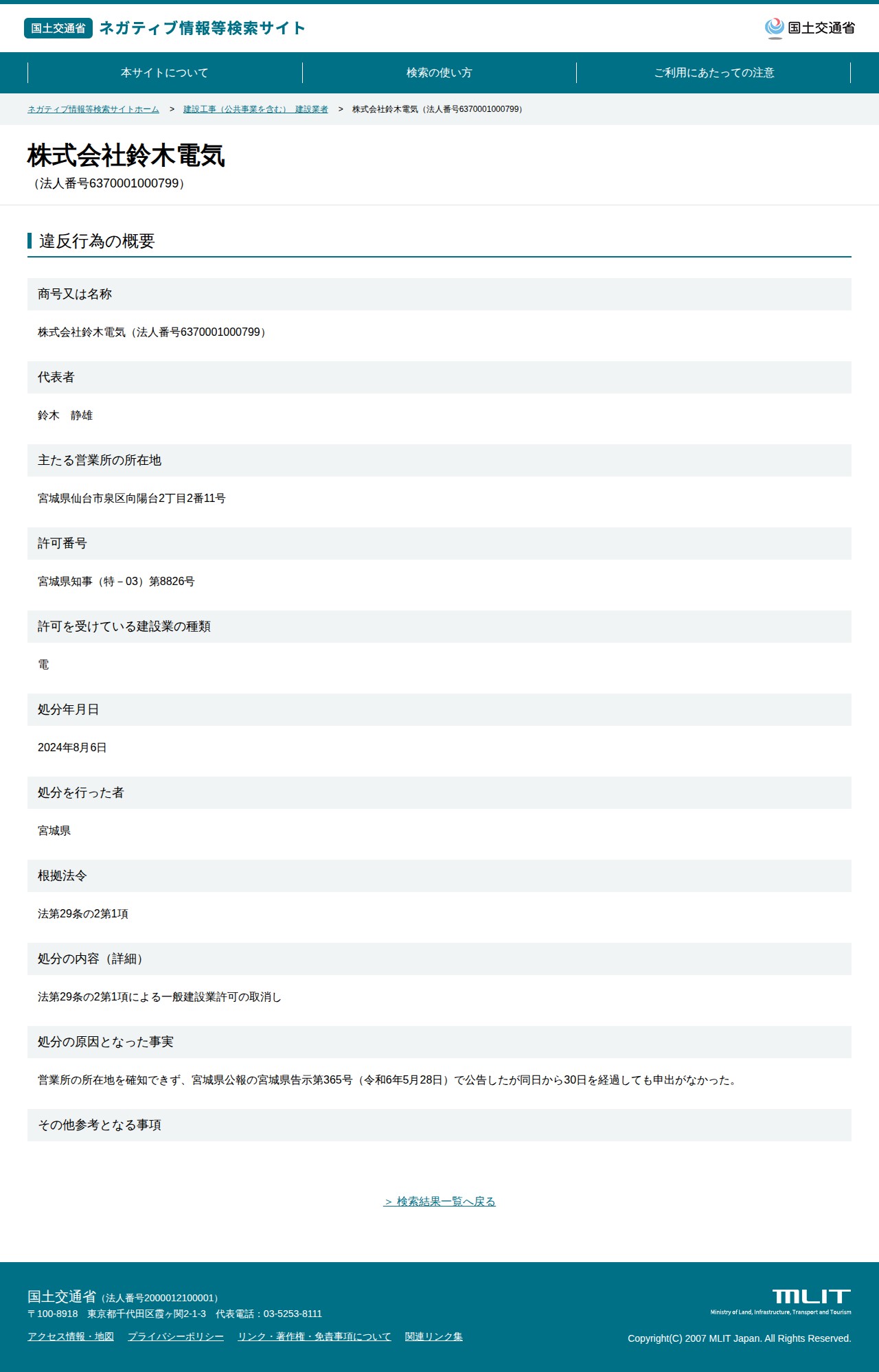 株式会社鈴木電気(法人番号6370001000799) - 国土交通省 ネガティブ情報等検索サイト - 保存されたスクリーンショット