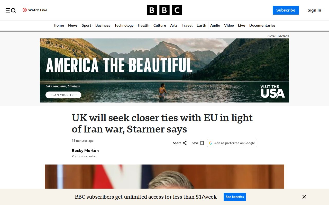 Keir Starmer: UK will seek closer ties with EU in light of Iran war - 保存されたスクリーンショット