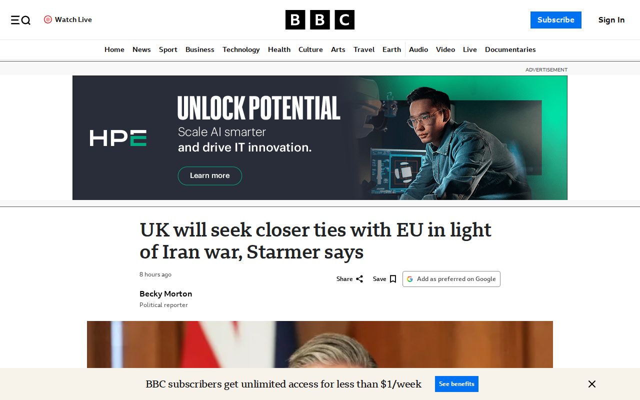 Keir Starmer: UK will seek closer ties with EU in light of Iran war - 保存されたスクリーンショット
