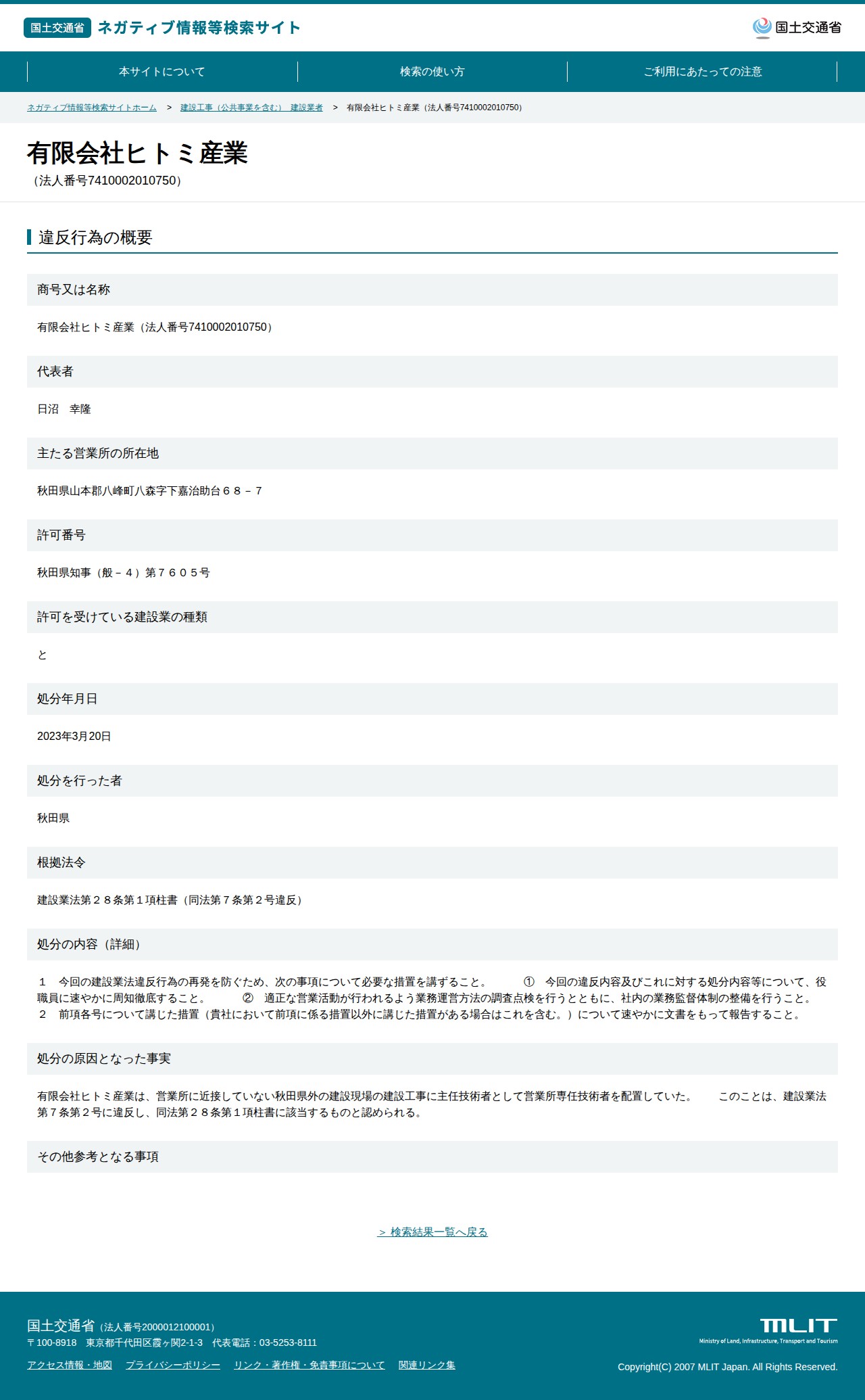 有限会社ヒトミ産業(法人番号7410002010750) - 国土交通省 ネガティブ情報等検索サイト - Saved screenshot