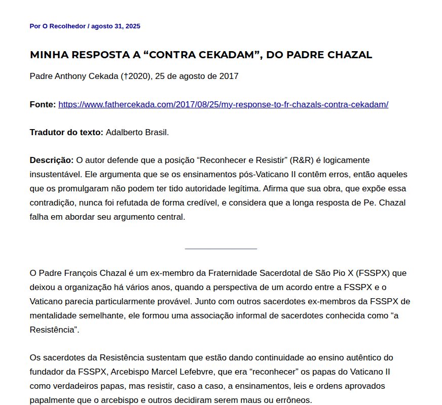 Minha resposta a "Contra Cekadam", do Padre Chazal - O Recolhedor - 保存されたスクリーンショット