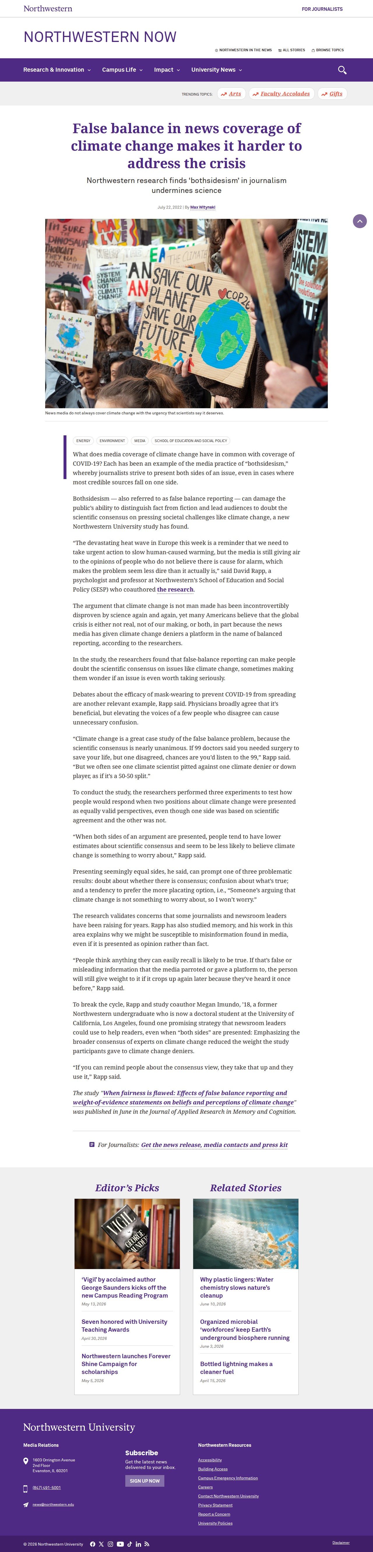 False balance in news coverage of climate change makes it harder to address the crisis - Northwestern Now - 保存されたスクリーンショット