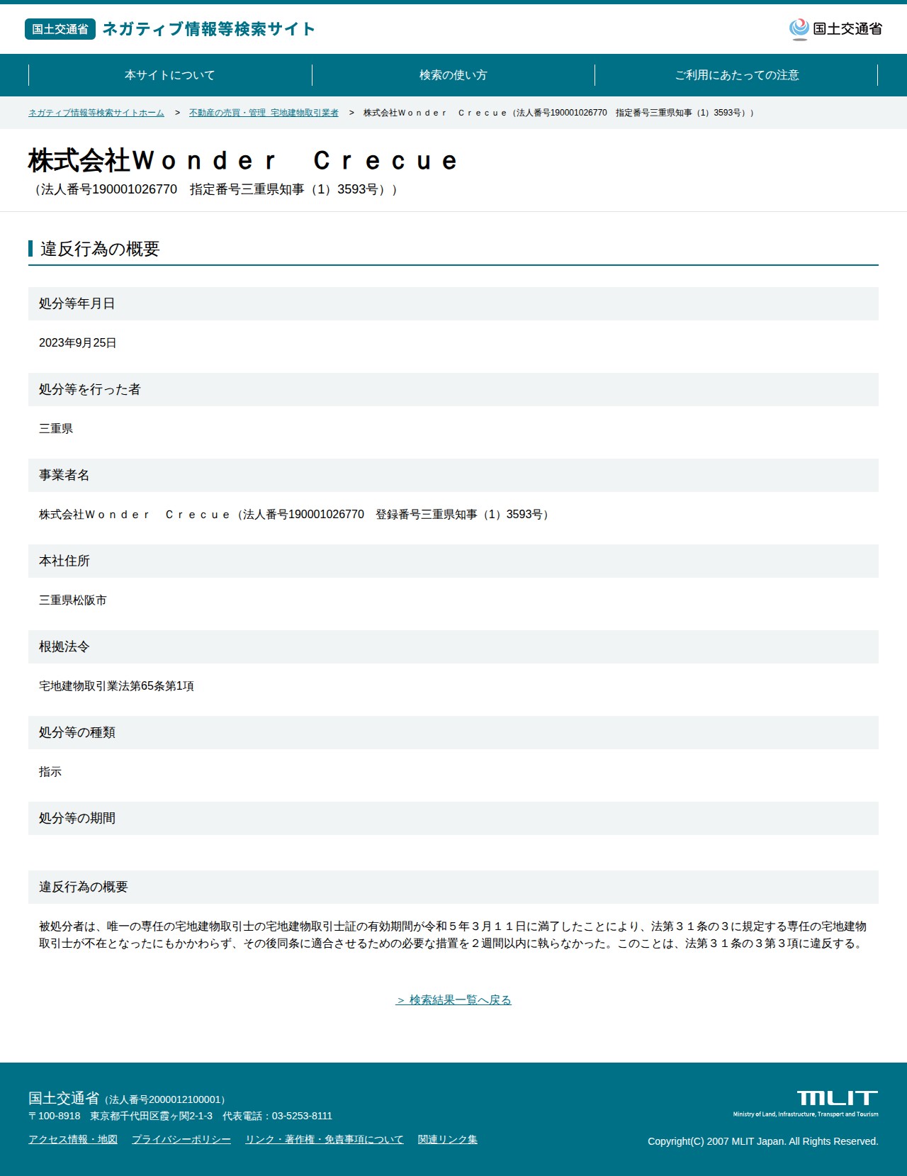 株式会社Wonder Crecue(法人番号190001026770 指定番号三重県知事(1)3593号)) - 国土交通省 ネガティブ情報等検索サイト - 保存されたスクリーンショット