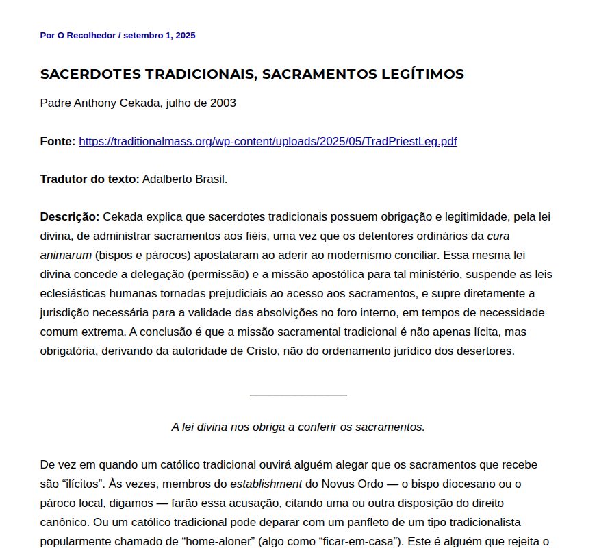 Sacerdotes tradicionais, sacramentos legítimos - O Recolhedor - 保存されたスクリーンショット