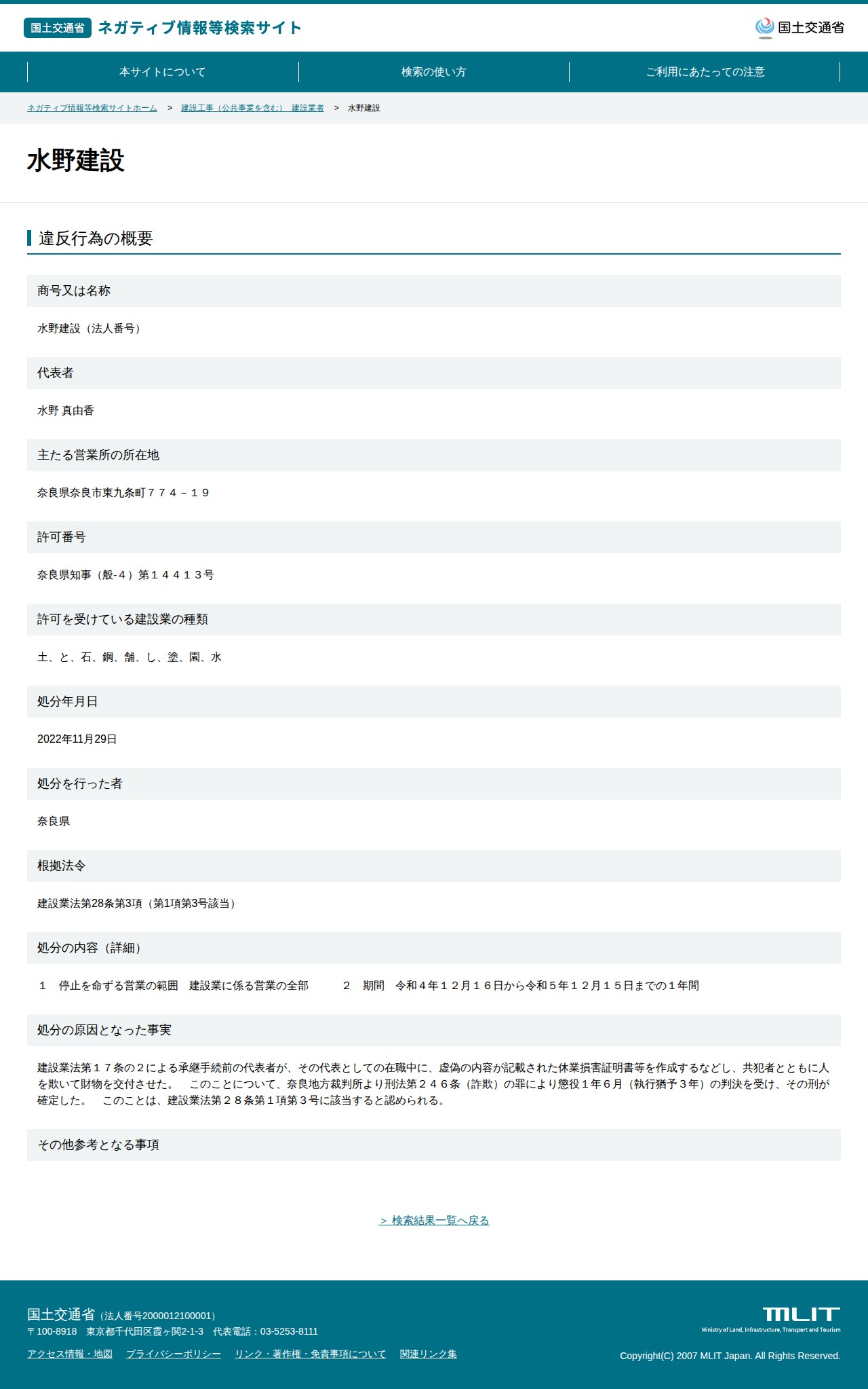 水野建設 - 国土交通省 ネガティブ情報等検索サイト - 保存されたスクリーンショット