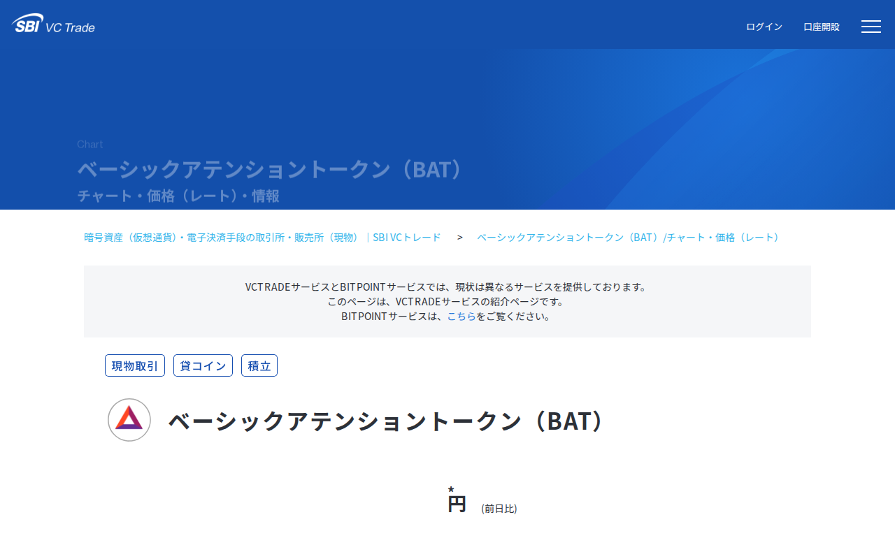 ベーシックアテンショントークン(BAT)のチャート・価格(レート)・情報|暗号資産(仮想通貨)・電子決済手段の取引所|SBI VCトレード - 保存されたスクリーンショット