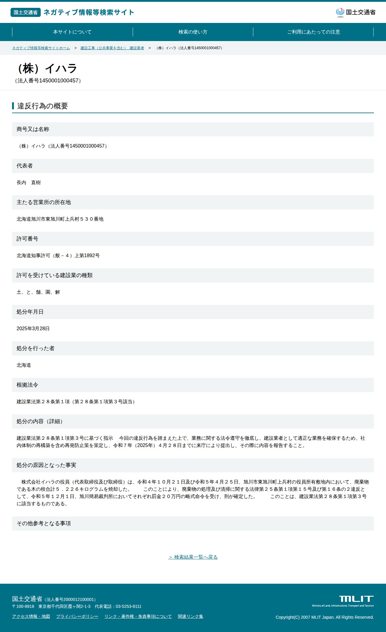 (株)イハラ(法人番号1450001000457) - 国土交通省 ネガティブ情報等検索サイト - 保存されたスクリーンショット