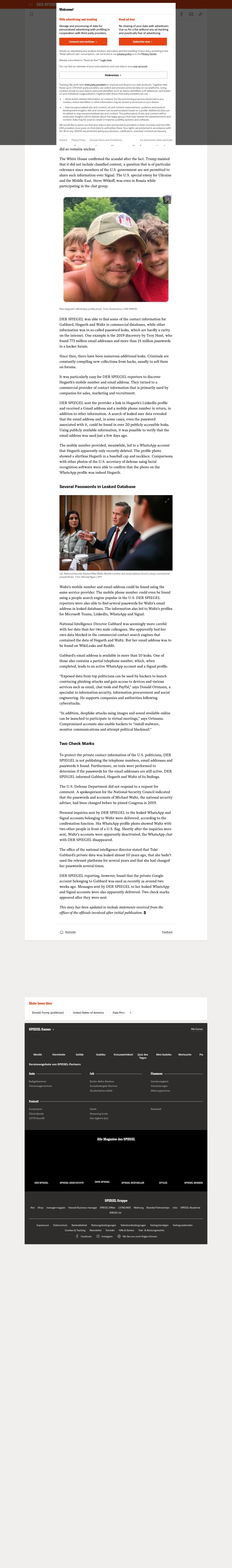 Pete Hegseth, Mike Waltz, Tulsi Gabbard: Private Data and Passwords of Senior U.S. Security Officials Found Online - DER SPIEGEL - 保存されたスクリーンショット