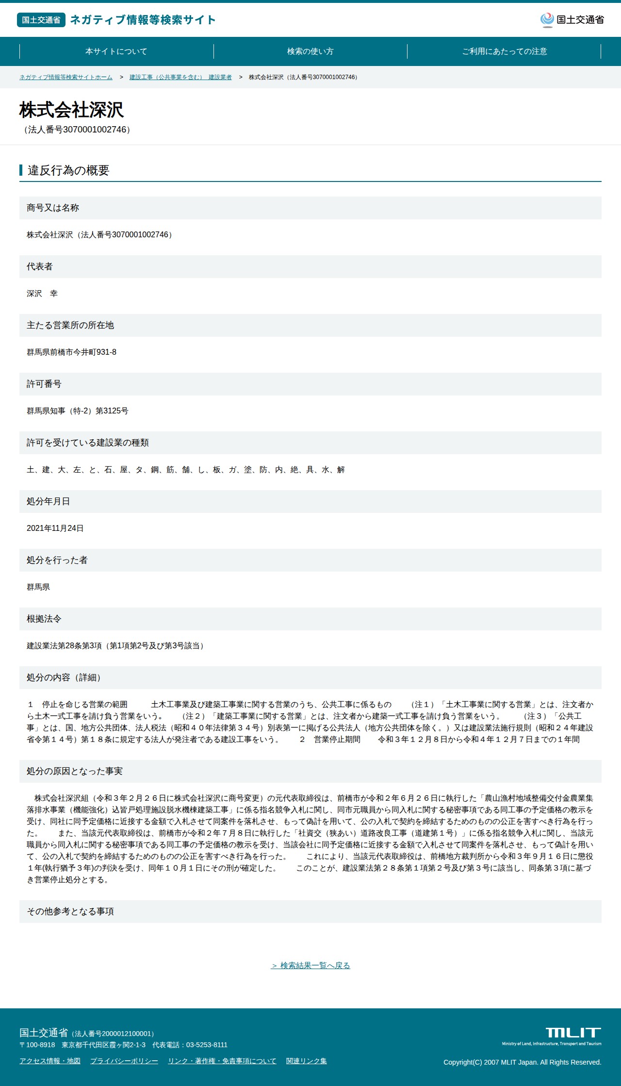 株式会社深沢(法人番号3070001002746) - 国土交通省 ネガティブ情報等検索サイト - 保存されたスクリーンショット