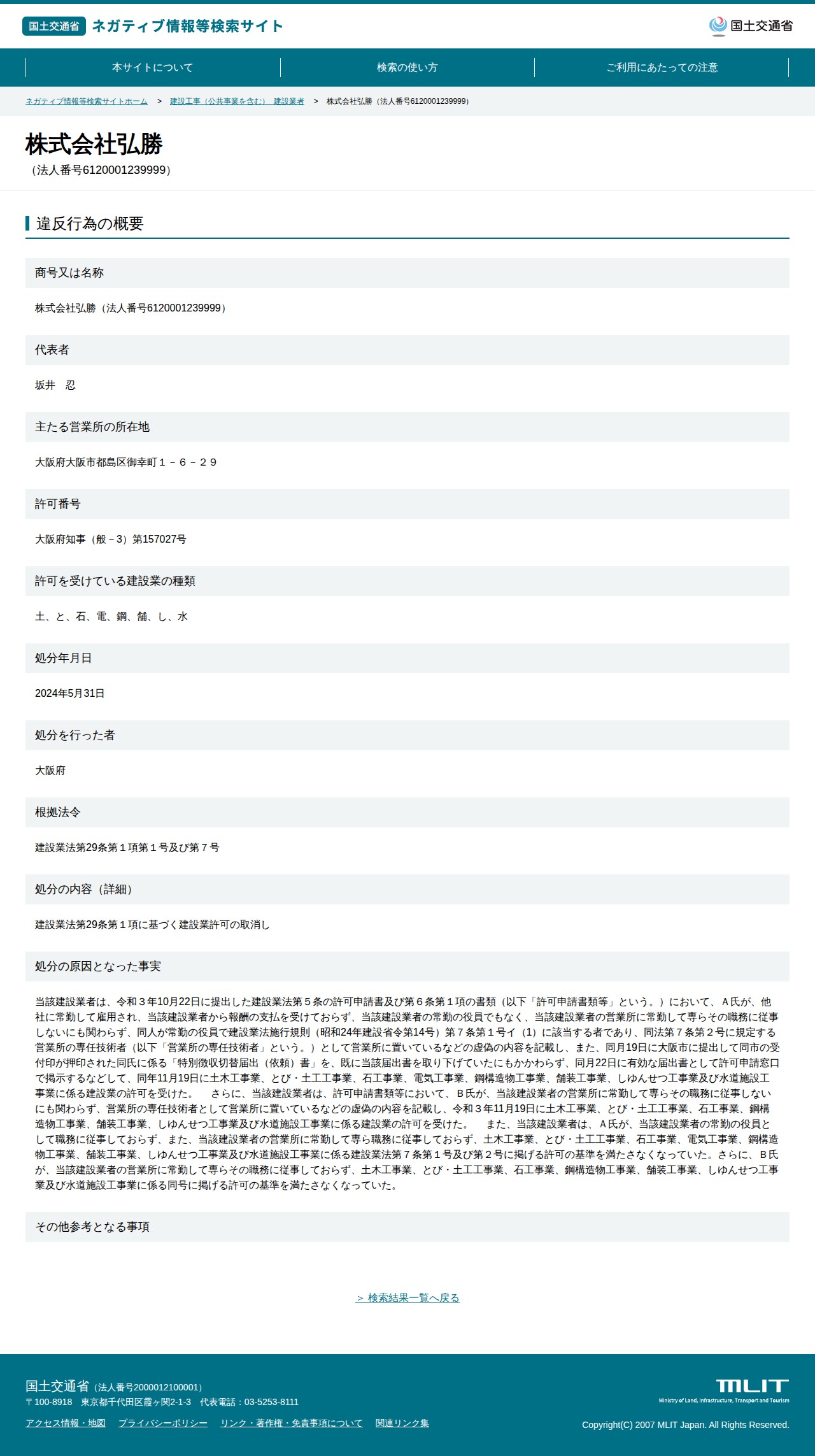 株式会社弘勝(法人番号6120001239999) - 国土交通省 ネガティブ情報等検索サイト - 保存されたスクリーンショット