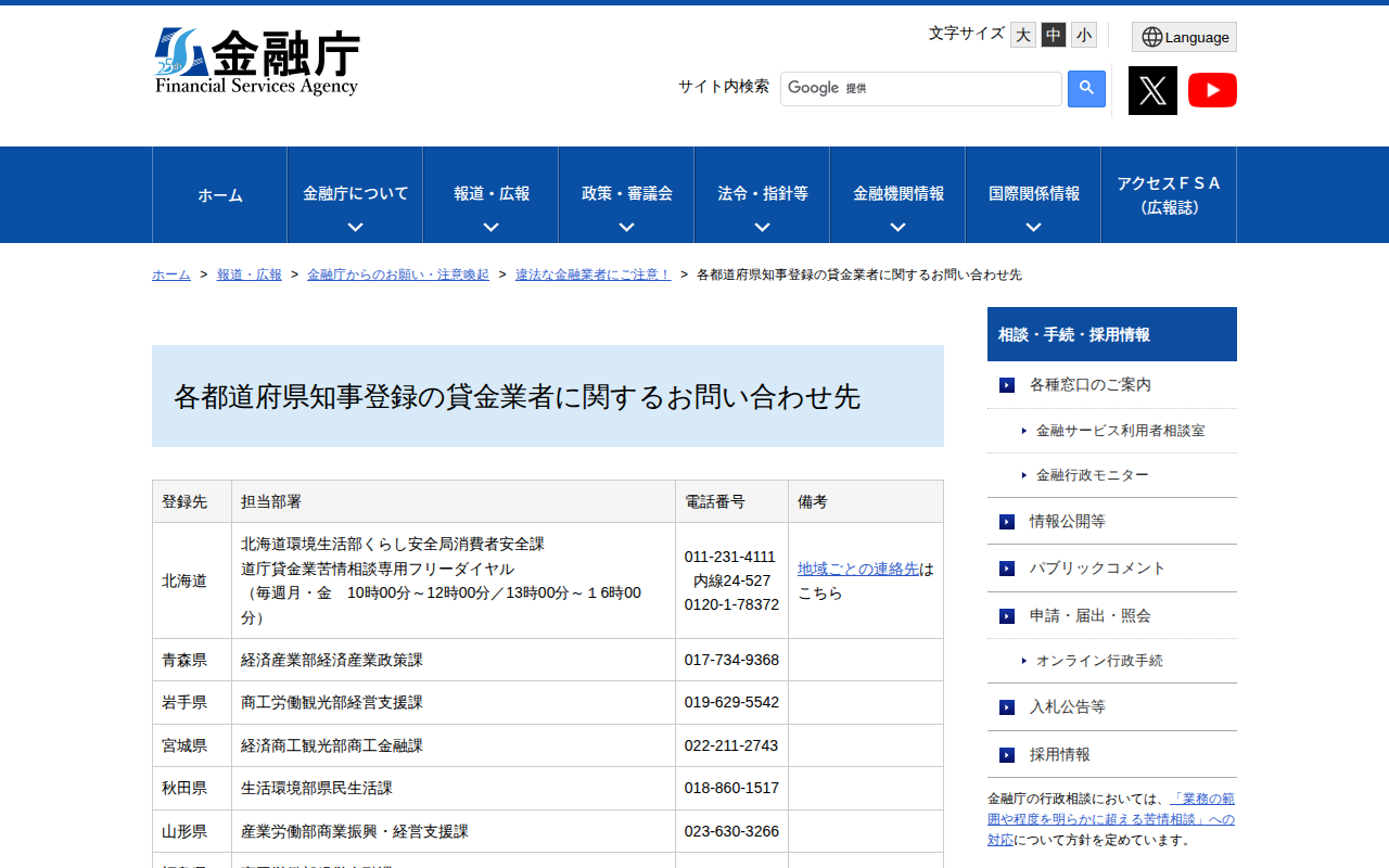 各都道府県知事登録の貸金業者に関するお問い合わせ先:金融庁 - 保存されたスクリーンショット