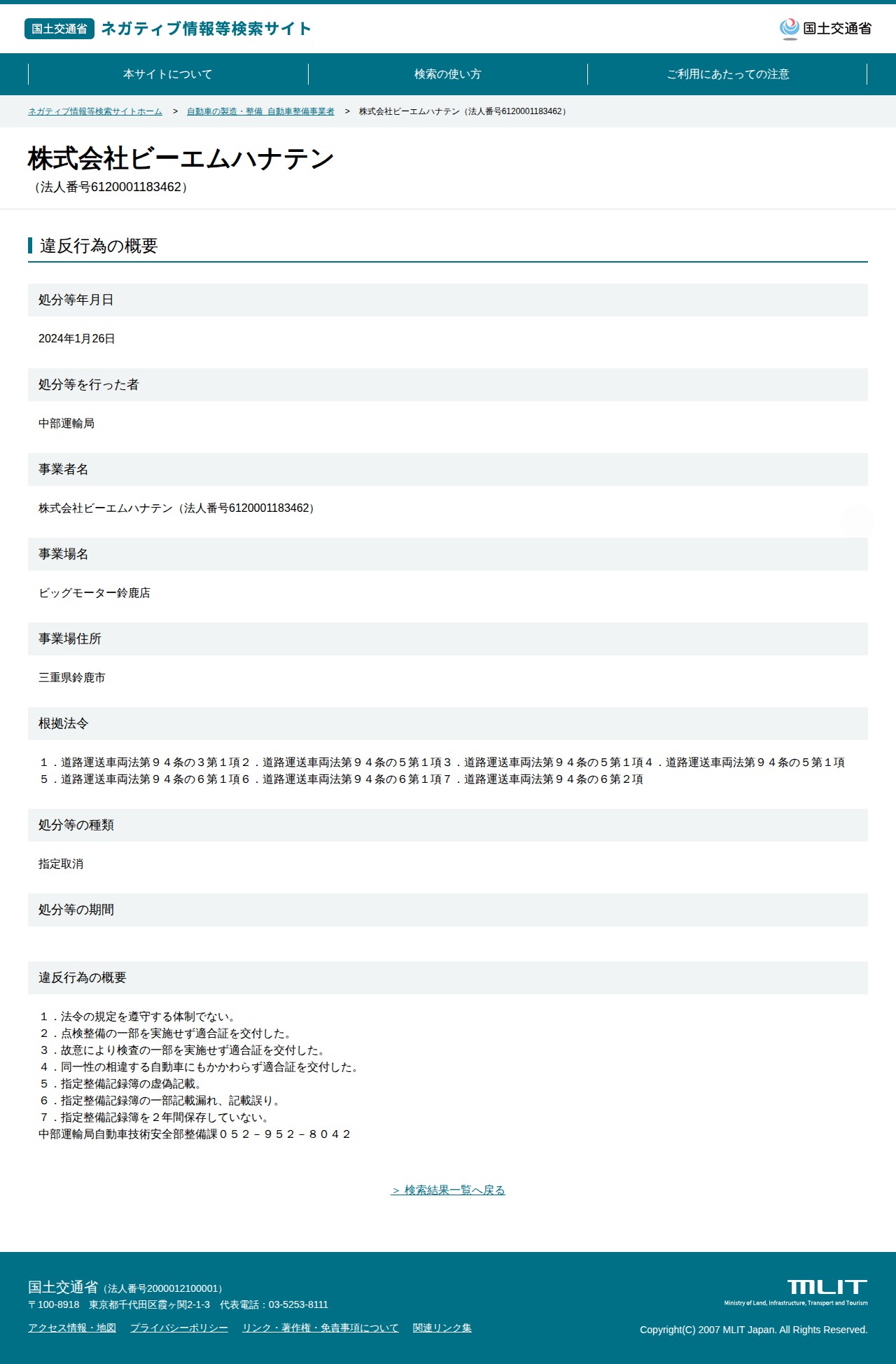 株式会社ビーエムハナテン(法人番号6120001183462) - 国土交通省 ネガティブ情報等検索サイト - 保存されたスクリーンショット