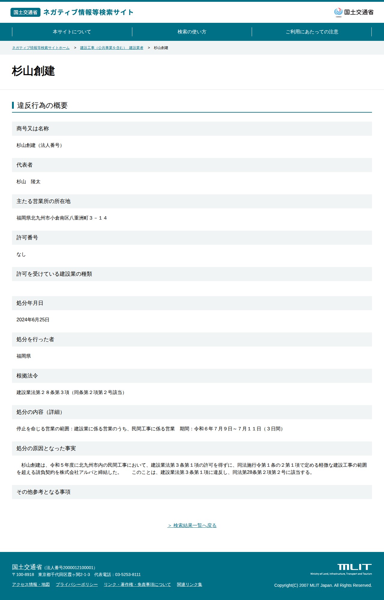 杉山創建 - 国土交通省 ネガティブ情報等検索サイト - 保存されたスクリーンショット