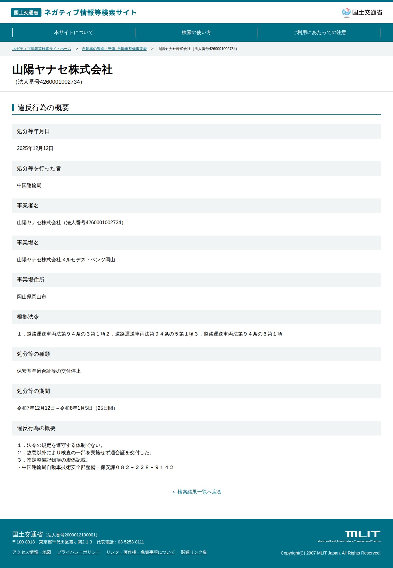 山陽ヤナセ株式会社(法人番号4260001002734) - 国土交通省 ネガティブ情報等検索サイト - 保存されたスクリーンショット