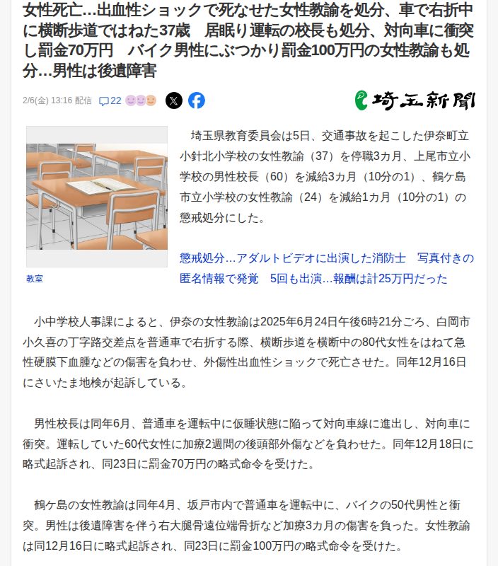 女性死亡…出血性ショックで死なせた女性教諭を処分、車で右折中に横断歩道ではねた37歳 居眠り運転の校長も処分、対向車に衝突し罰金70万円 バイク男性にぶつかり罰金100万円の女性教諭も処分…男性は後遺障害(埼玉新聞) - Yahoo!ニュース - 保存されたスクリーンショット