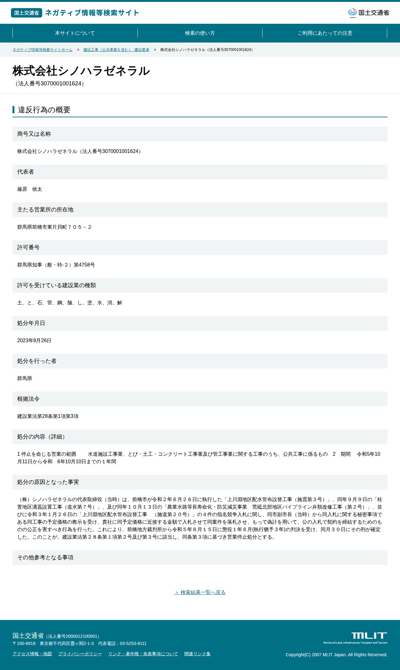 株式会社シノハラゼネラル(法人番号3070001001624) - 国土交通省 ネガティブ情報等検索サイト - 保存されたスクリーンショット