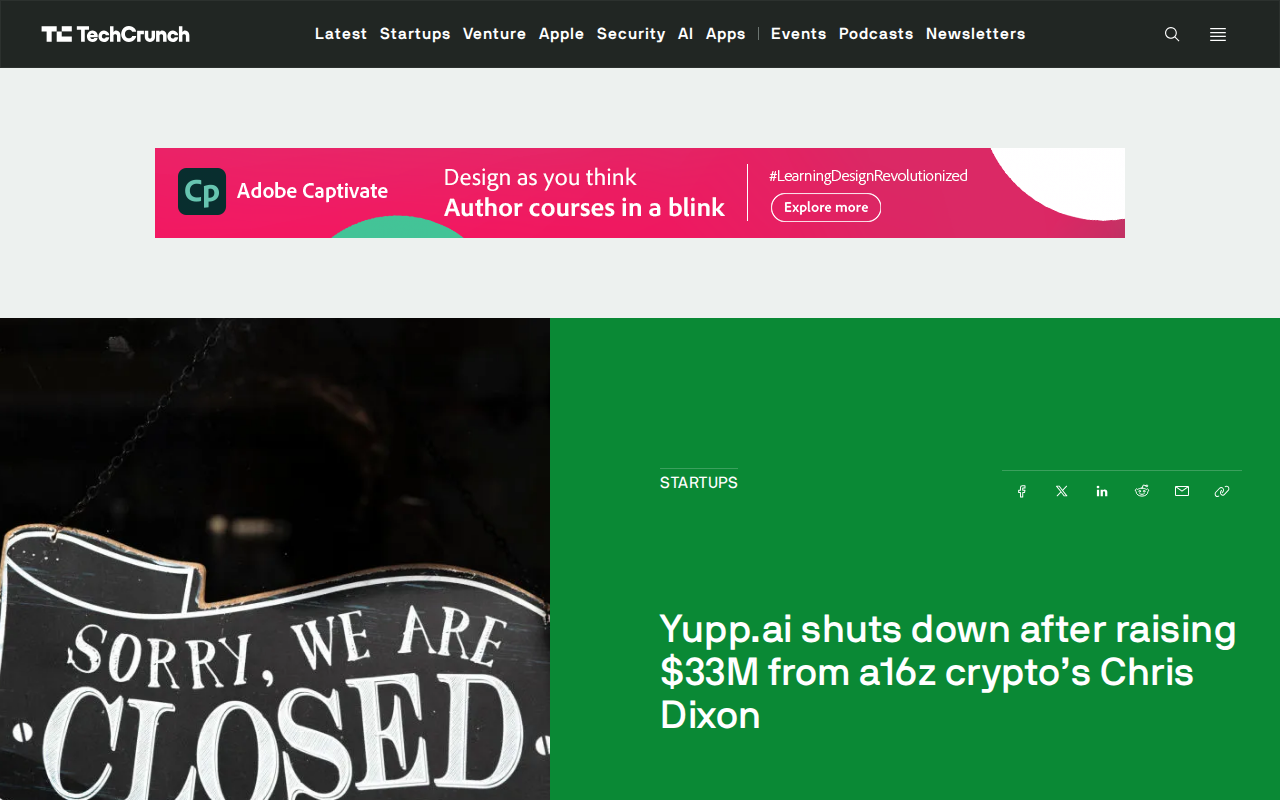 Yupp.ai shuts down after raising $33M from a16z crypto's Chris Dixon | TechCrunch - Saved screenshot