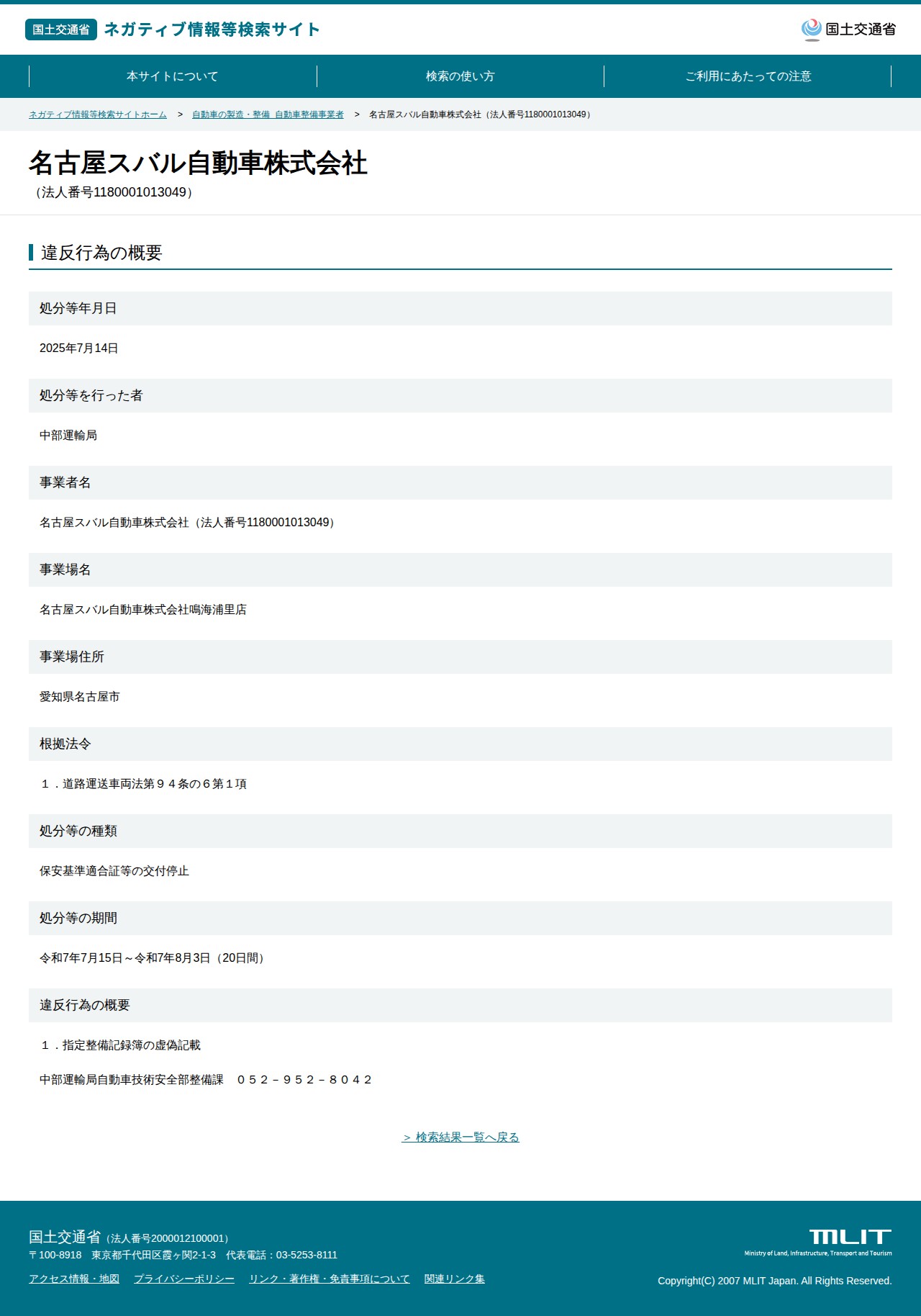 名古屋スバル自動車株式会社(法人番号1180001013049) - 国土交通省 ネガティブ情報等検索サイト - 保存されたスクリーンショット