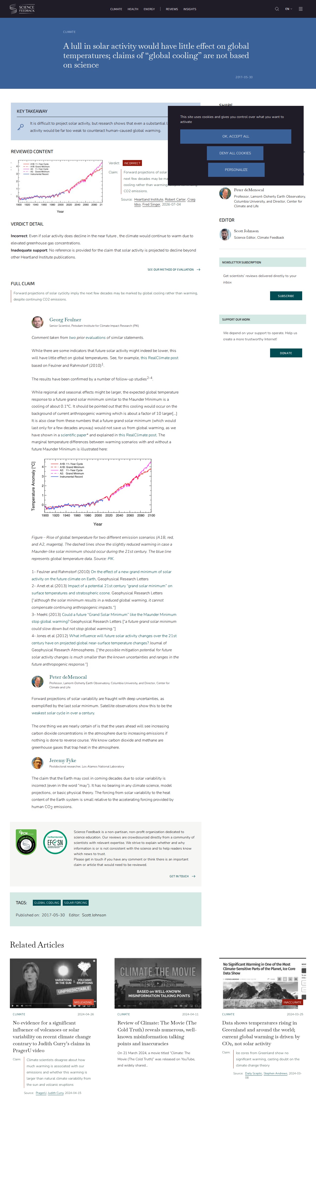 A lull in solar activity would have little effect on global temperatures; claims of “global cooling” are not based on science - Science Feedback - Saved screenshot