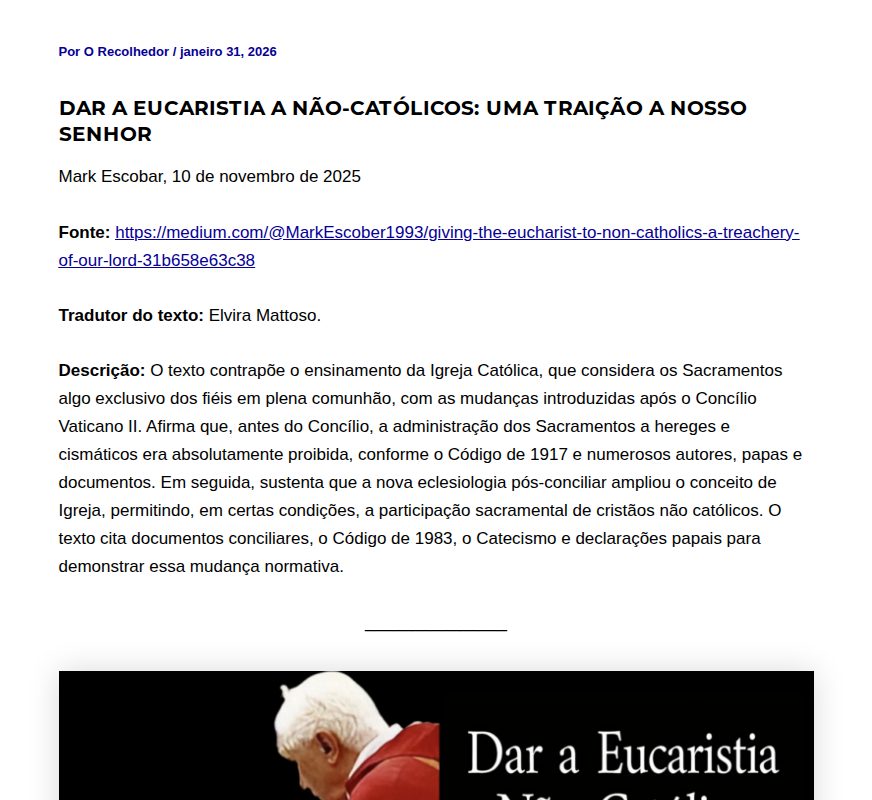 Dar a Eucaristia a não-católicos: uma traição a Nosso Senhor - O Recolhedor - 保存されたスクリーンショット