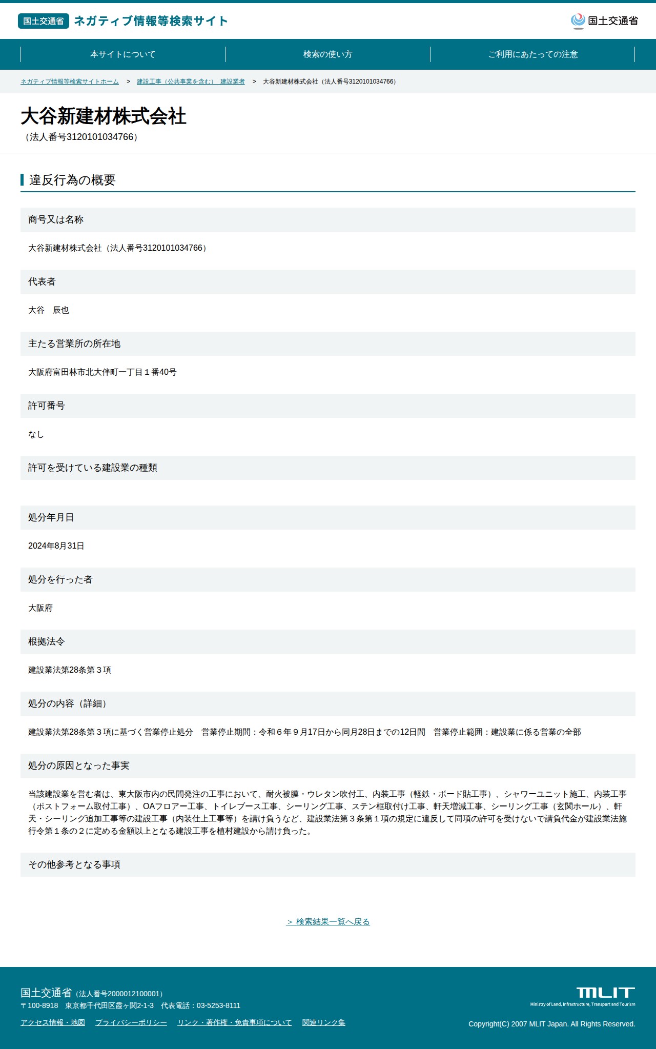 大谷新建材株式会社(法人番号3120101034766) - 国土交通省 ネガティブ情報等検索サイト - 保存されたスクリーンショット
