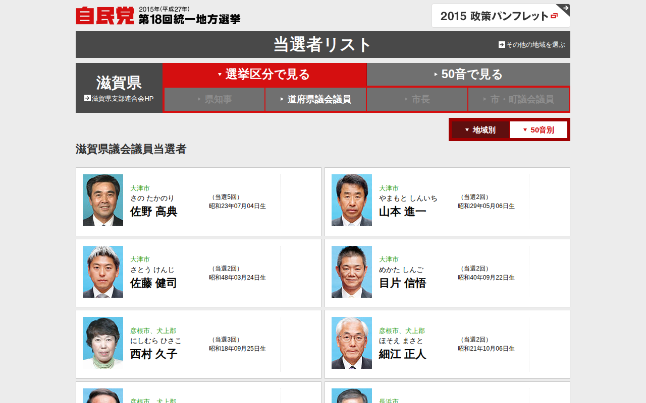 滋賀県 当選者一覧 「地方こそ、成長の主役」平成27年度 第18回 統一地方選挙|自由民主党 - 保存されたスクリーンショット