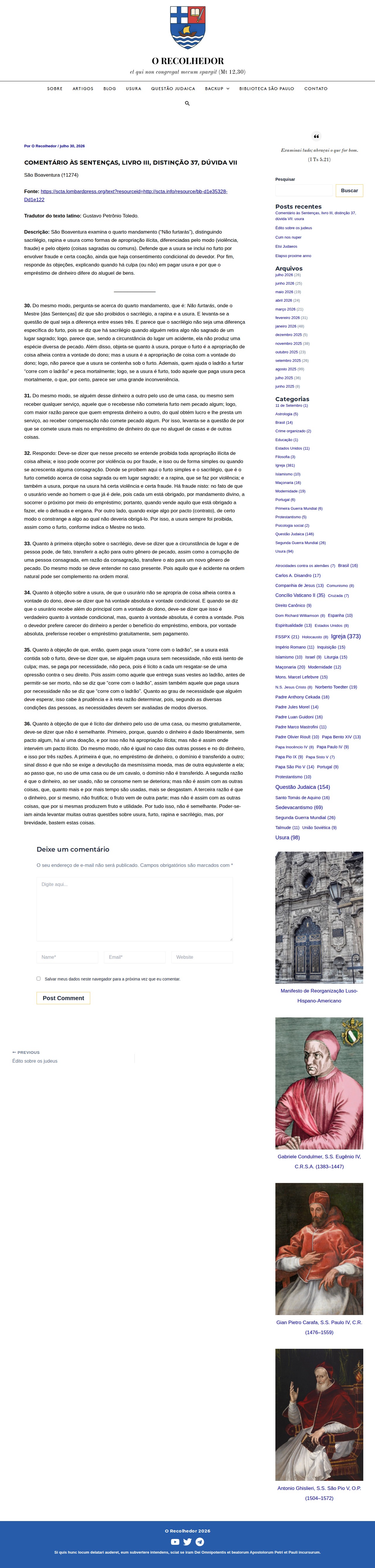 Comentário às Sentenças, livro III, distinção 37, dúvida VII: usura - O Recolhedor - 保存されたスクリーンショット