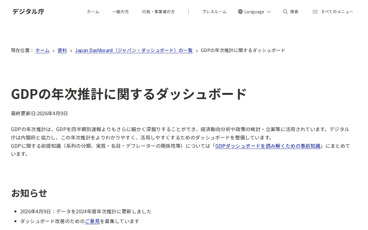 GDPの年次推計に関するダッシュボード|デジタル庁 - 保存されたスクリーンショット