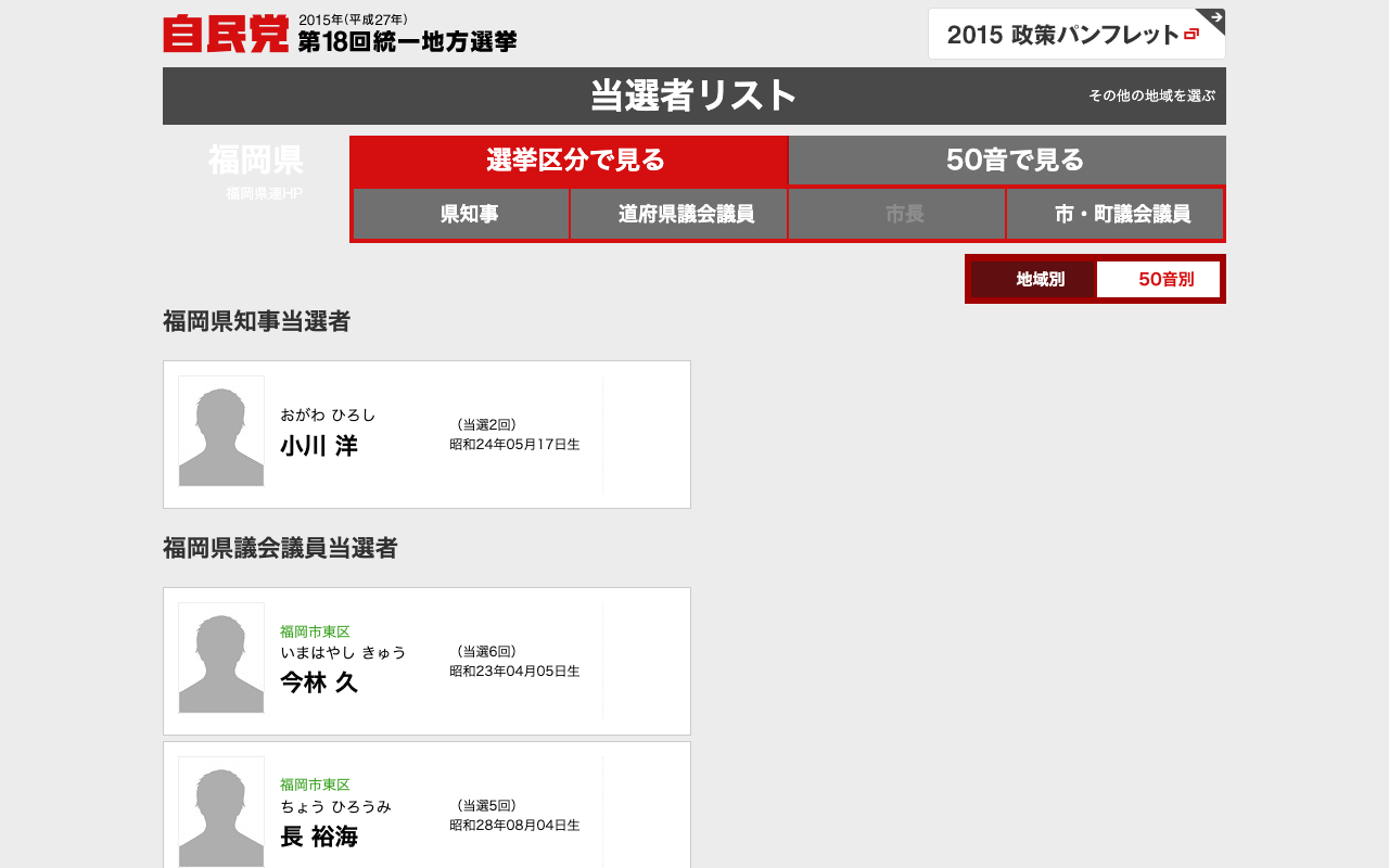 福岡県 当選者一覧 「地方こそ、成長の主役」平成27年度 第18回 統一地方選挙|自由民主党 - 保存されたスクリーンショット