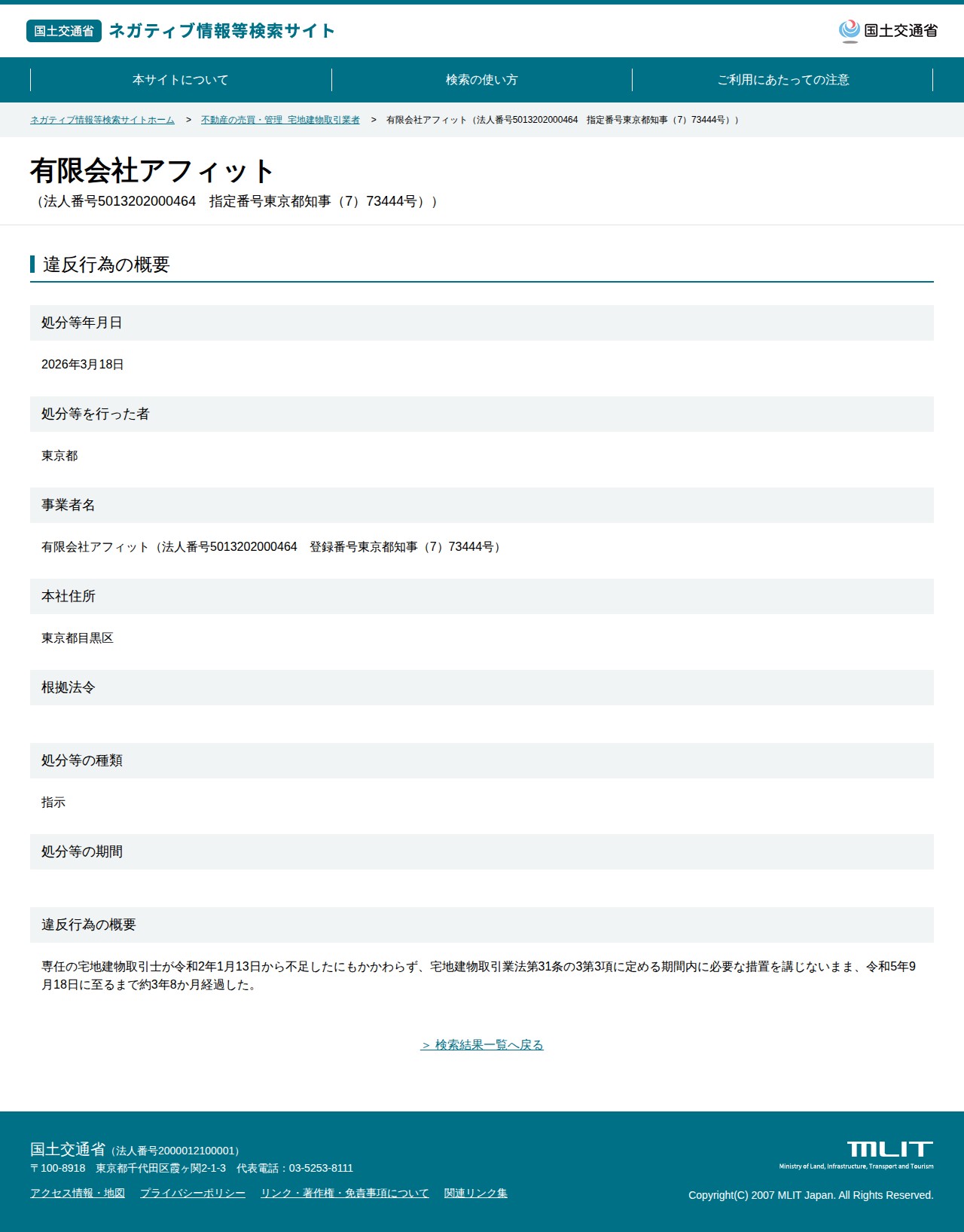 有限会社アフィット(法人番号5013202000464 指定番号東京都知事(7)73444号)) - 国土交通省 ネガティブ情報等検索サイト - 保存されたスクリーンショット