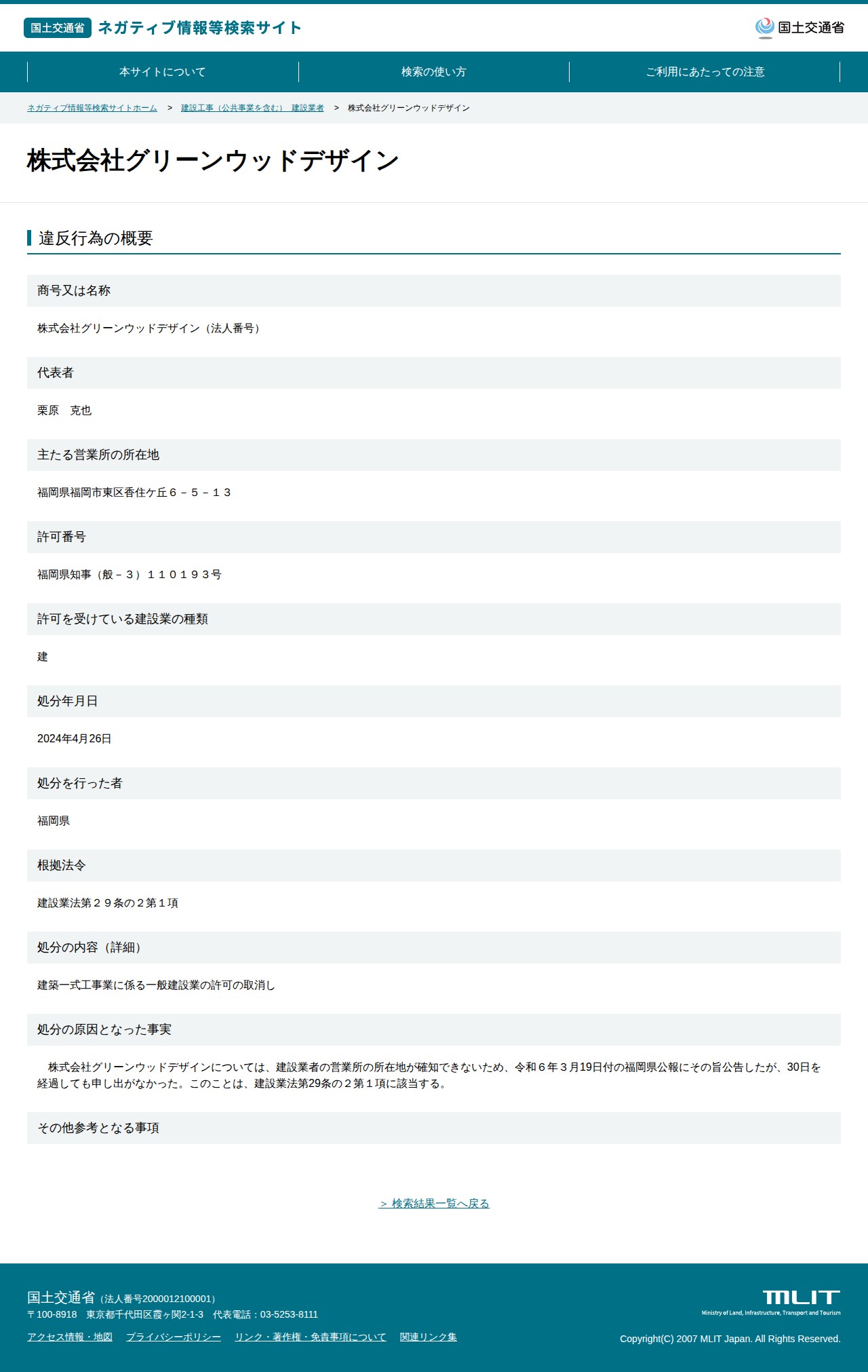 株式会社グリーンウッドデザイン - 国土交通省 ネガティブ情報等検索サイト - 保存されたスクリーンショット