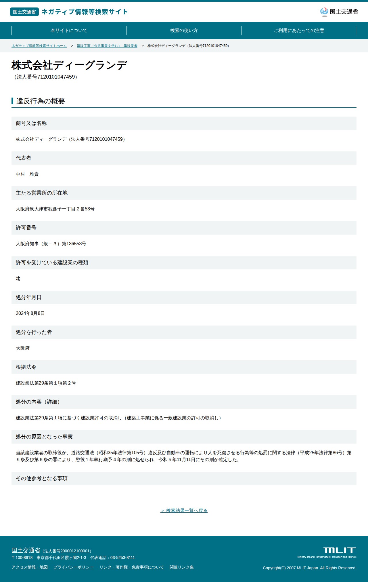 株式会社ディーグランデ(法人番号7120101047459) - 国土交通省 ネガティブ情報等検索サイト - 保存されたスクリーンショット