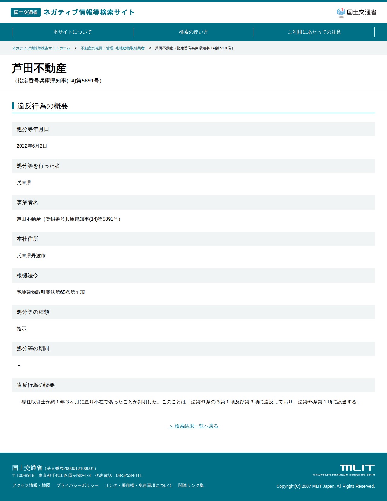 芦田不動産(指定番号兵庫県知事(14)第5891号) - 国土交通省 ネガティブ情報等検索サイト - 保存されたスクリーンショット